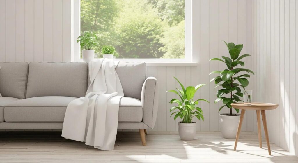 Cozy living room with a light gray sofa, white blanket, potted plants, and a wooden side table, emphasizing a clean and healthy home environment.