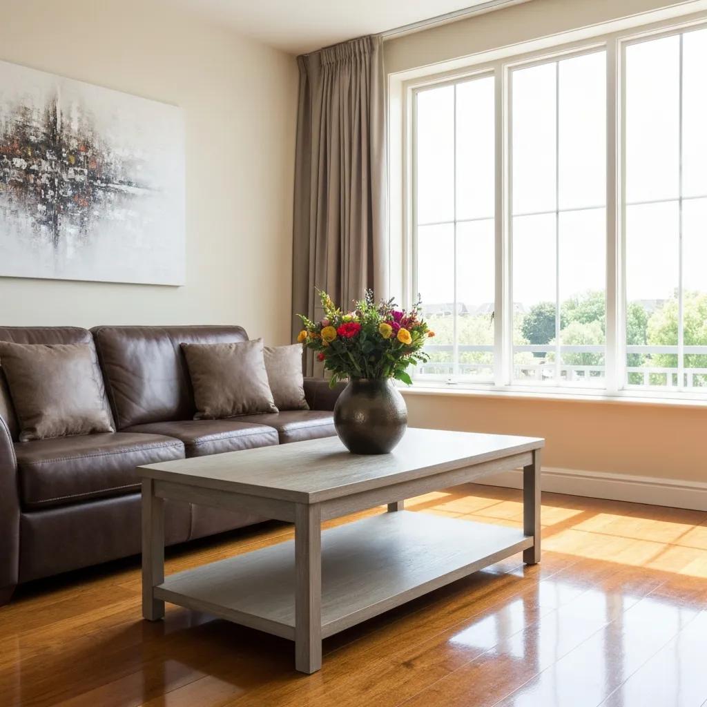 Bright and inviting living room with a brown leather sofa, decorative cushions, a wooden coffee table, and a vibrant flower vase, emphasizing the benefits of residential cleaning services for a healthy home environment.