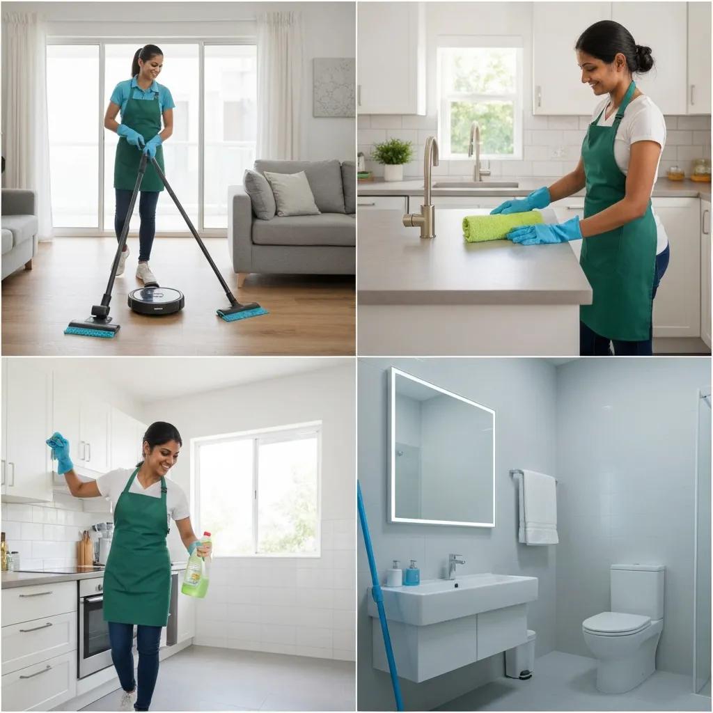 Residential cleaning service scenarios featuring a professional cleaner using a vacuum in a living room, wiping a kitchen counter, and cleaning a bathroom, showcasing diverse cleaning tasks and environments.