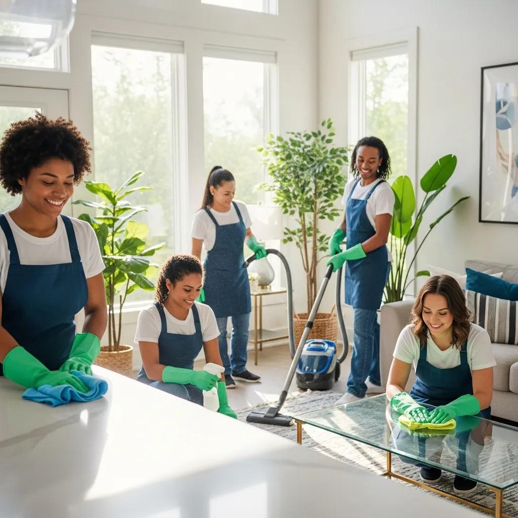 Professional cleaning team using eco-friendly products in a bright modern home, showcasing teamwork and a clean environment.